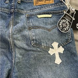 Chrome Hearts White Leather Patch Denim Jeans